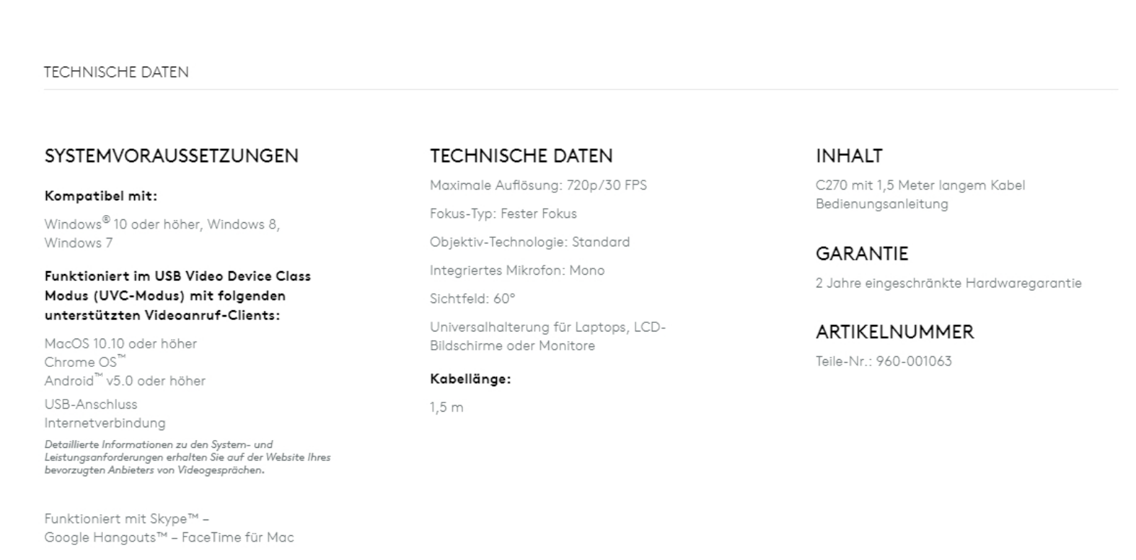 Logitech C270 Technical data