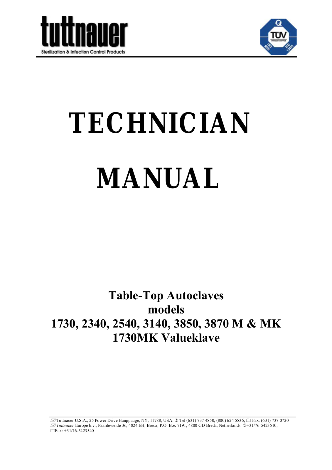 Tuttnauer M-Series, Mk-Series Service manual