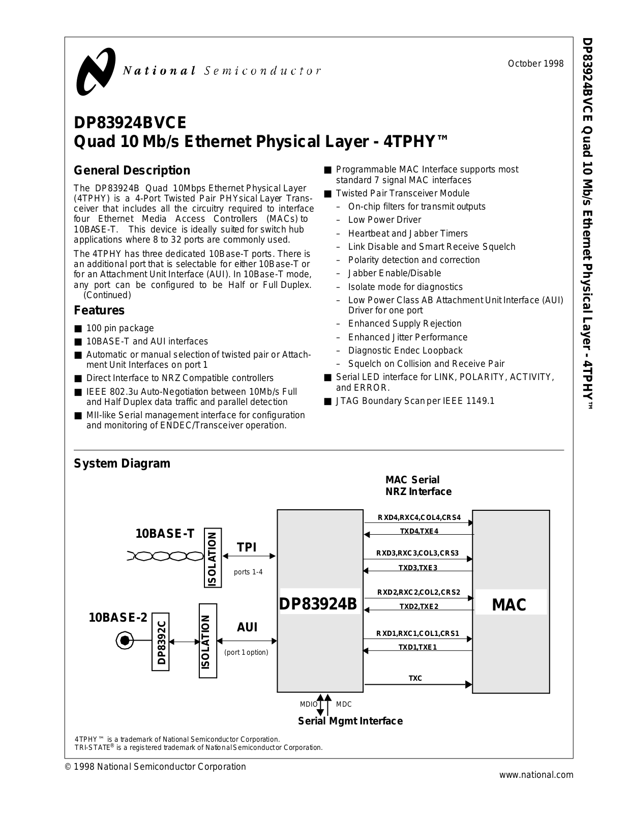 NSC DP83924BVCE Datasheet