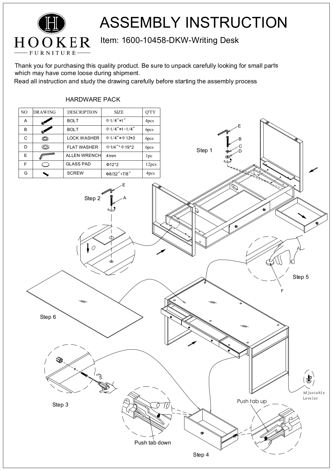 Hooker Furniture 160010458DKW Assembly Guide