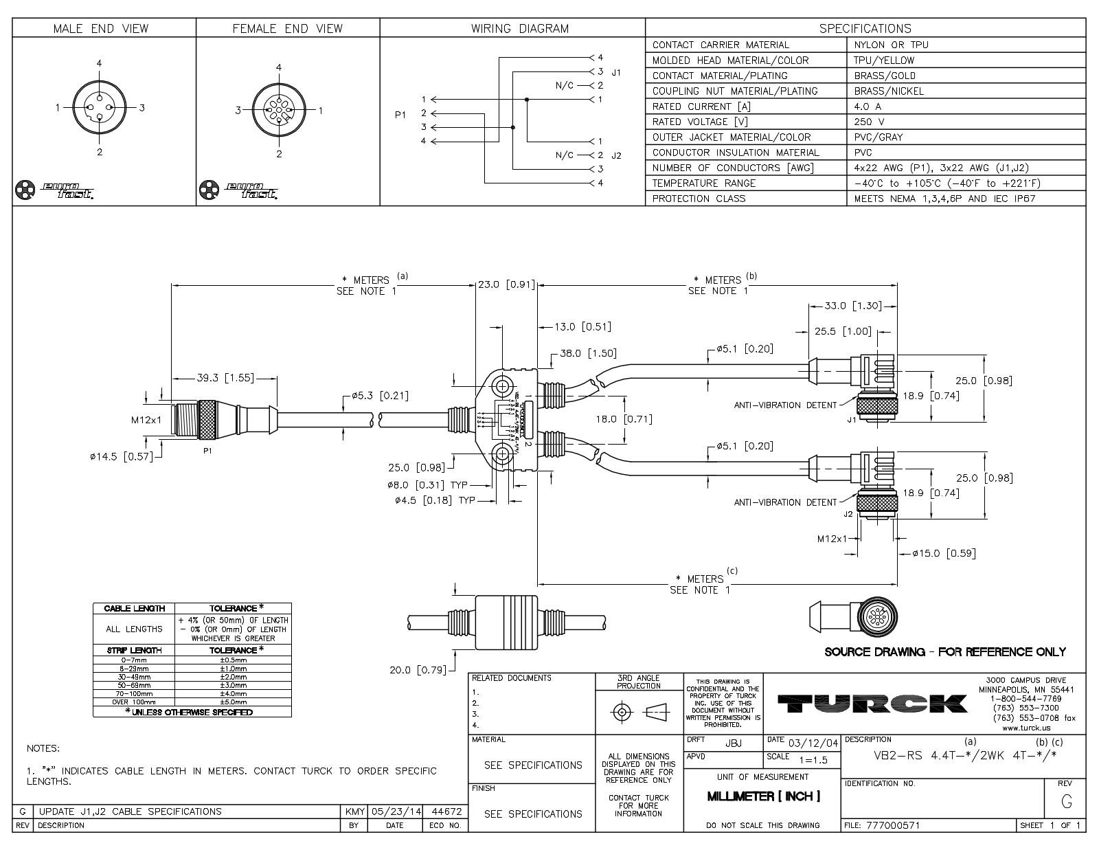 Turck VB2-RS4.4T-0.3/2WK4T-1/1 Specification Sheet