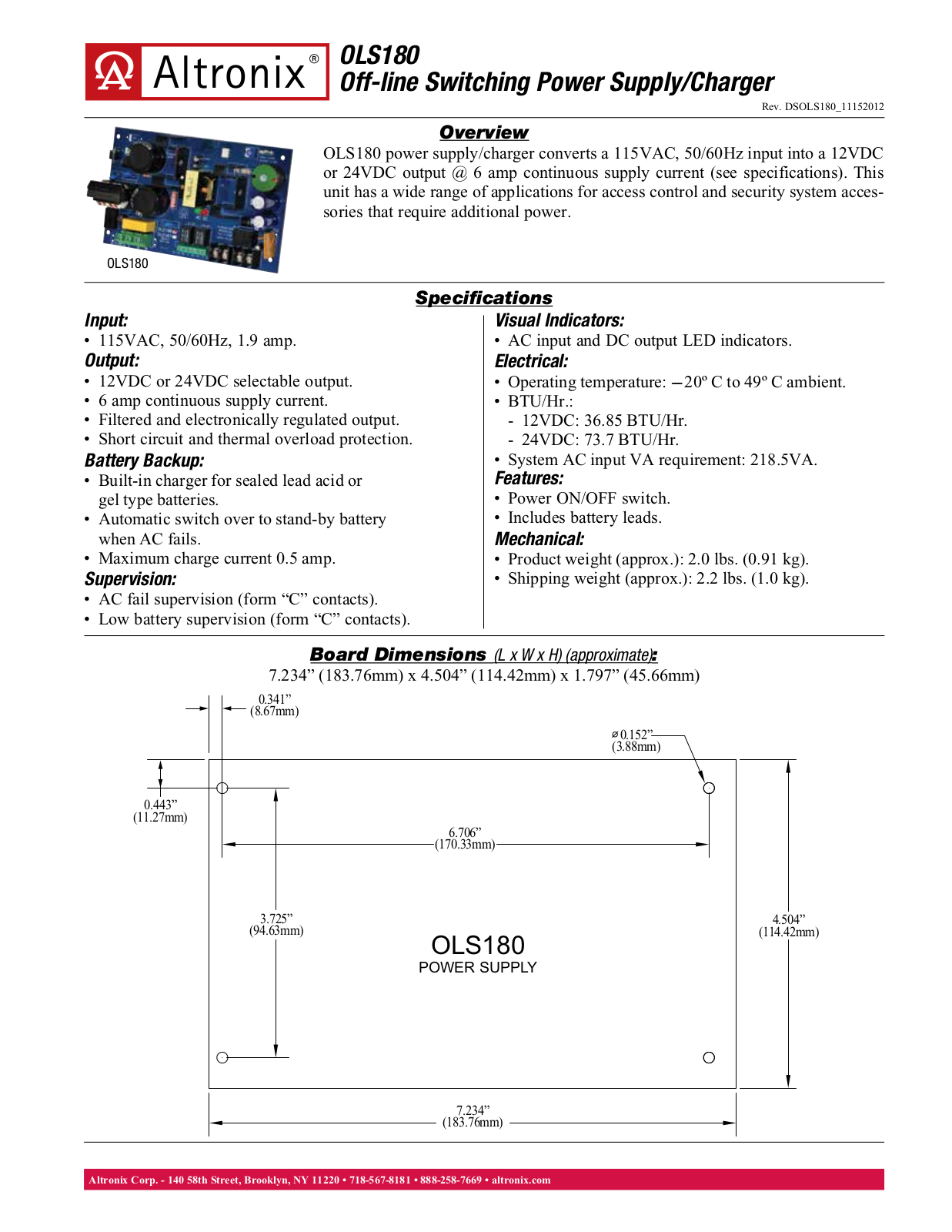 Altronix OLS180 Data Sheet