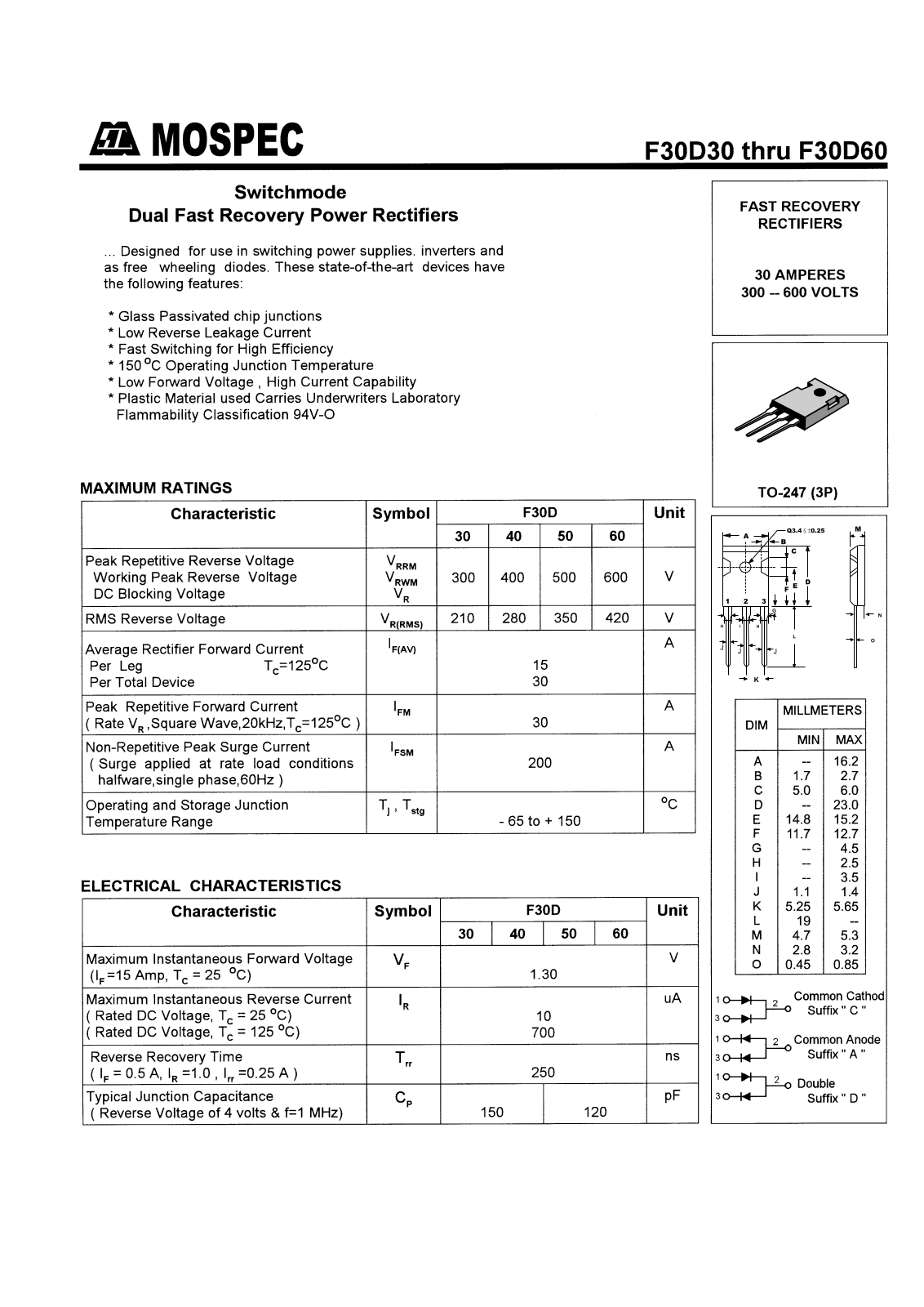 MOSPEC F30D60C, F30D60A, F30D30C, F30D30A, F30D50D Datasheet