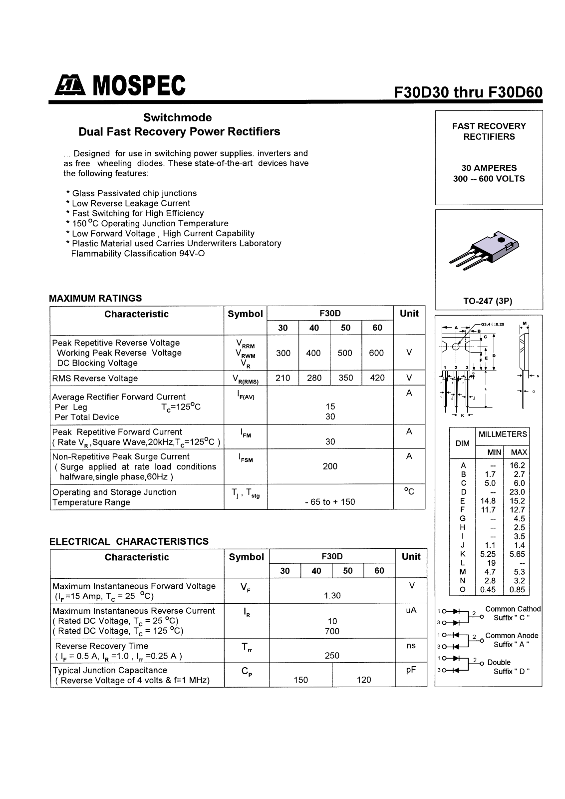 MOSPEC F30D60C, F30D60A, F30D30C, F30D30A, F30D50D Datasheet