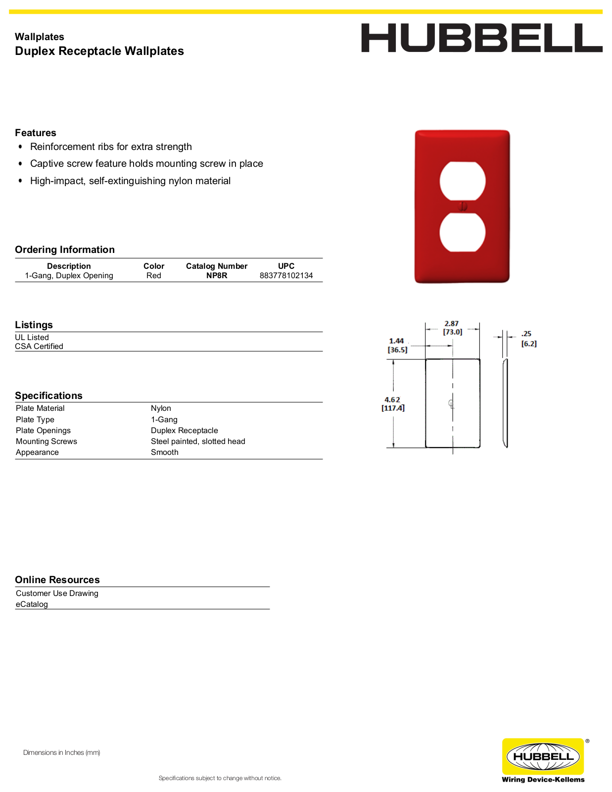 Hubbell NP8R Specifications