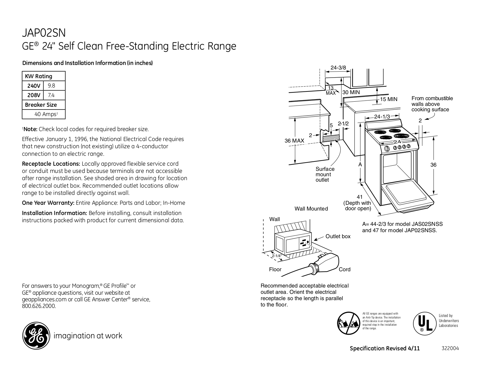 GE JAP02SN Specification