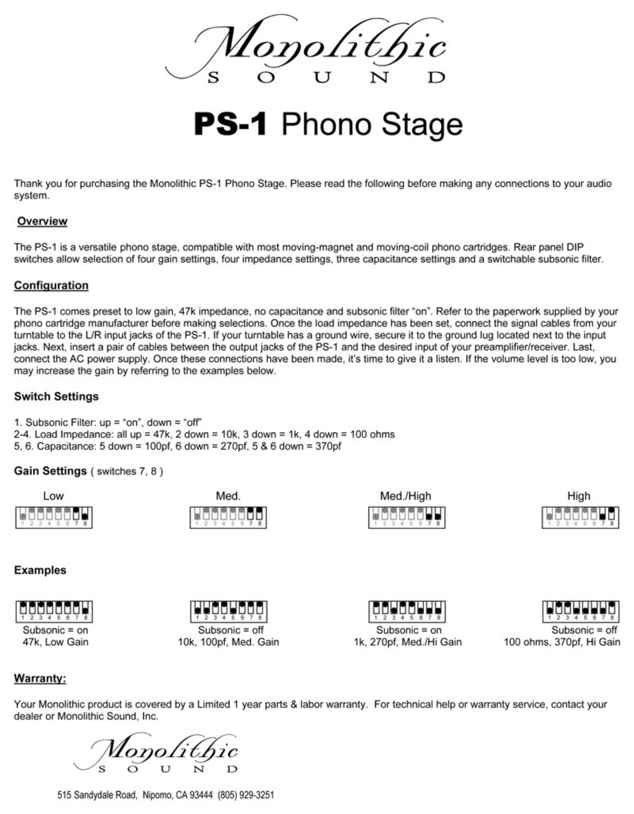 Monolithic Sound PS-1 Owners manual