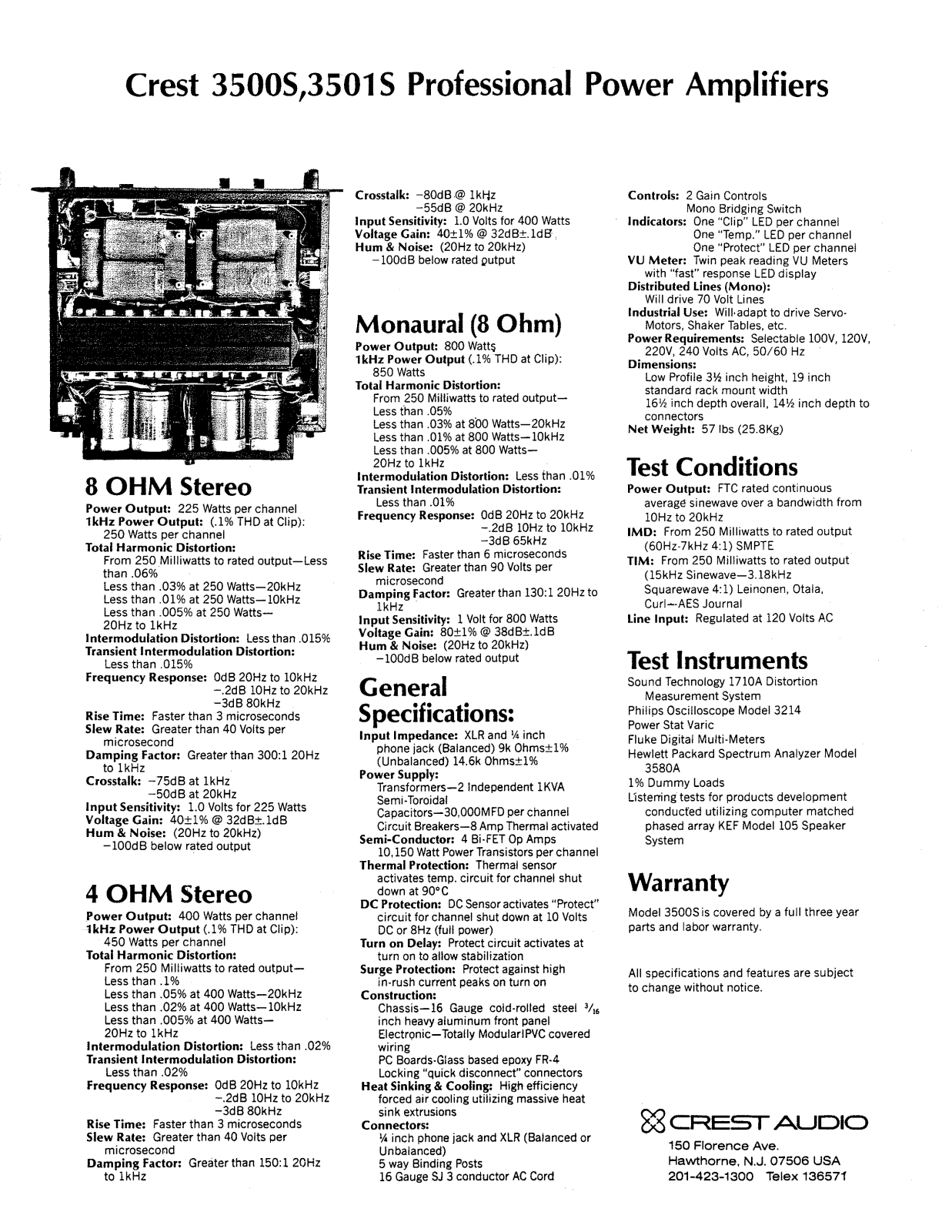 Crest audio P3501S, P3500S SPECIFICATIONS
