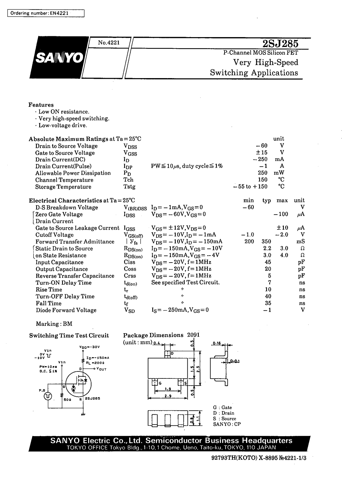 SANYO 2SJ285 Datasheet