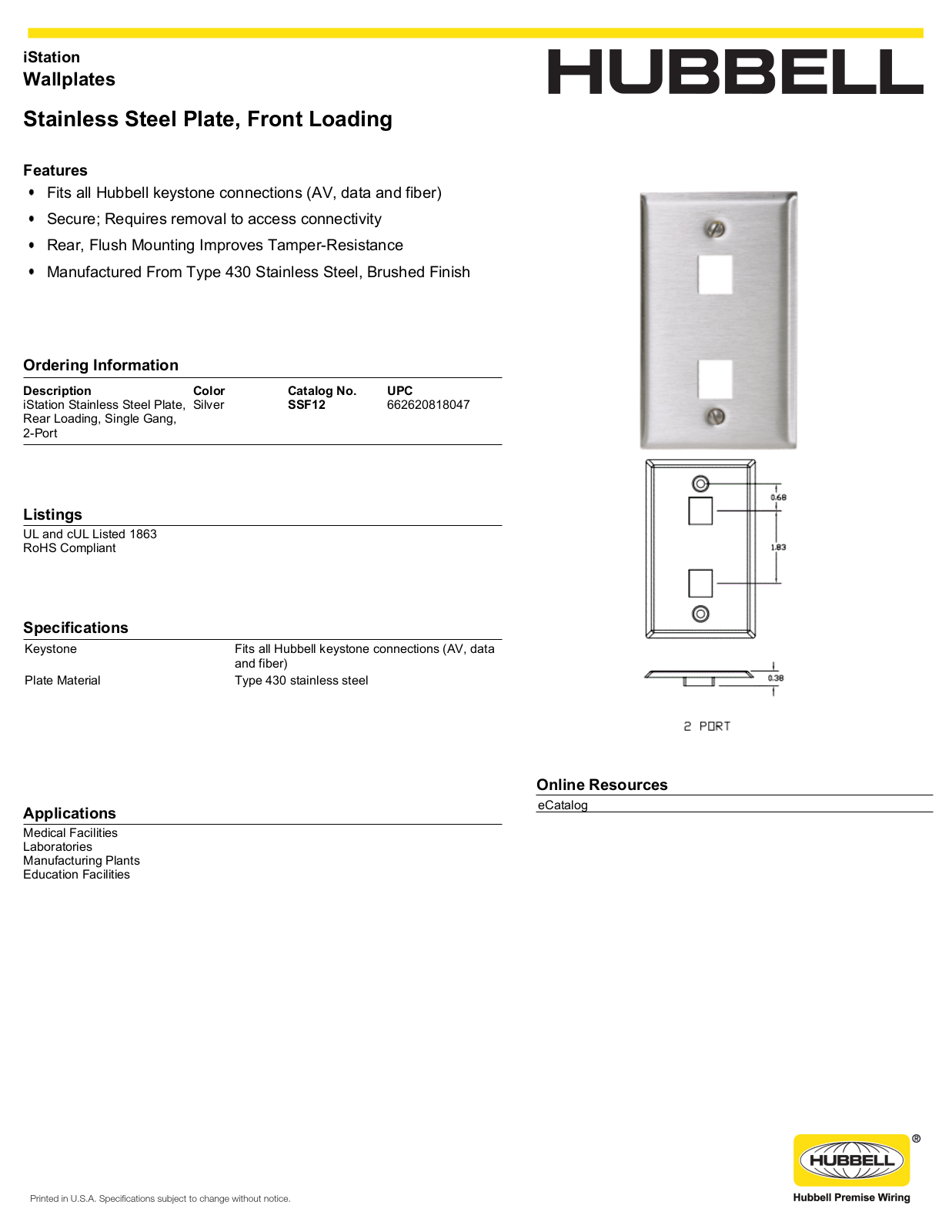 Hubbell SSF12 Specifications