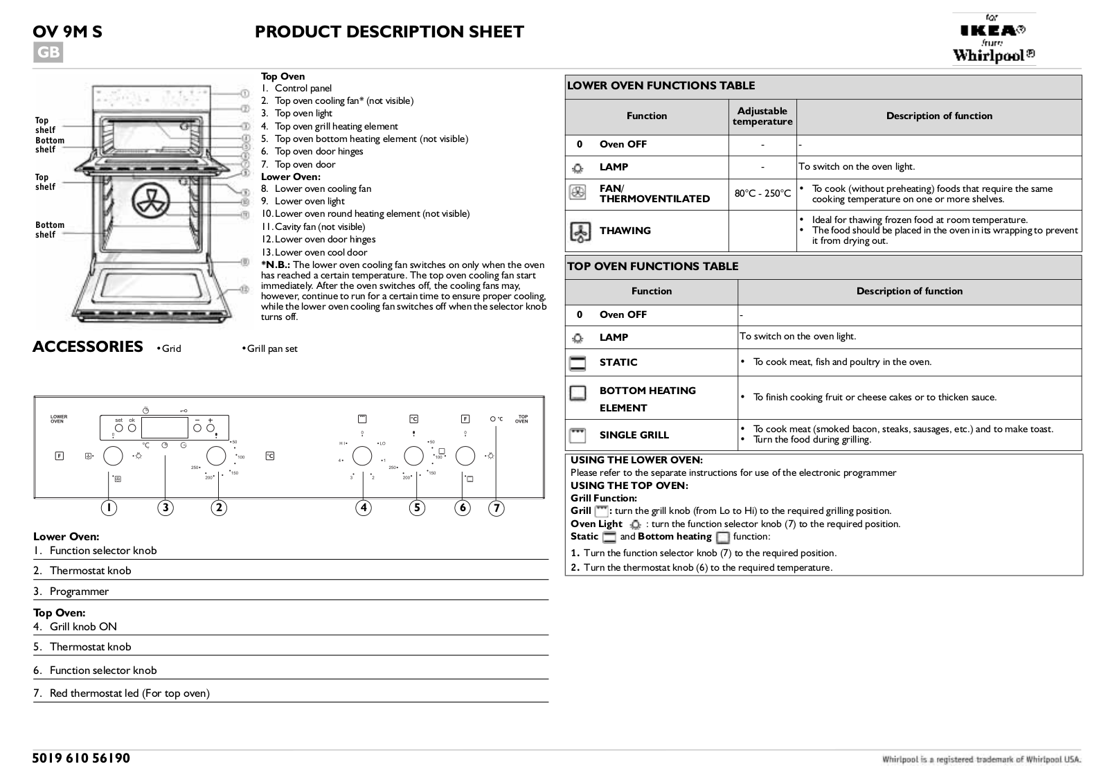 Whirlpool OV 9M S PRODUCT DESCRIPTION SHEET