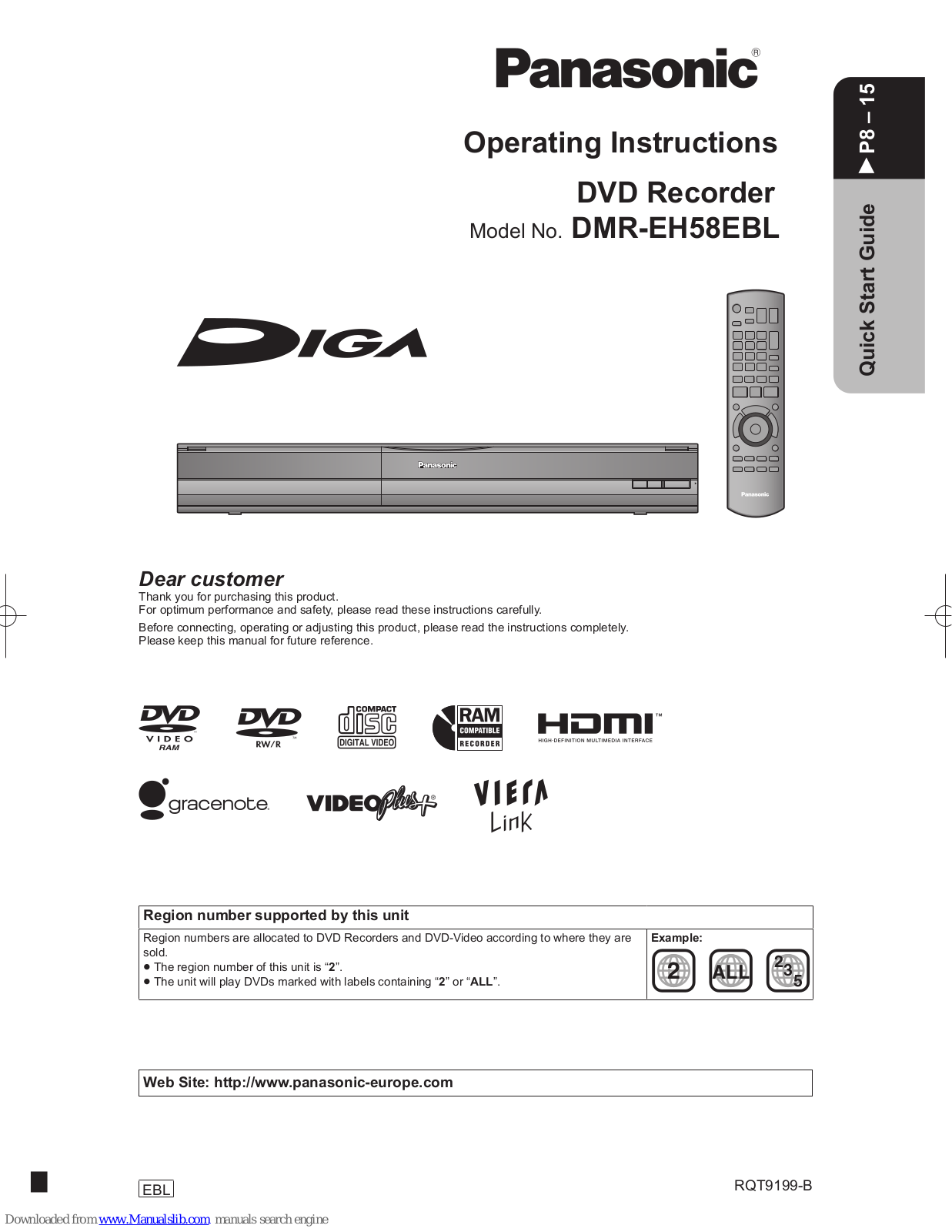 Panasonic Diga DMR-EH58EBL Operating Instructions Manual