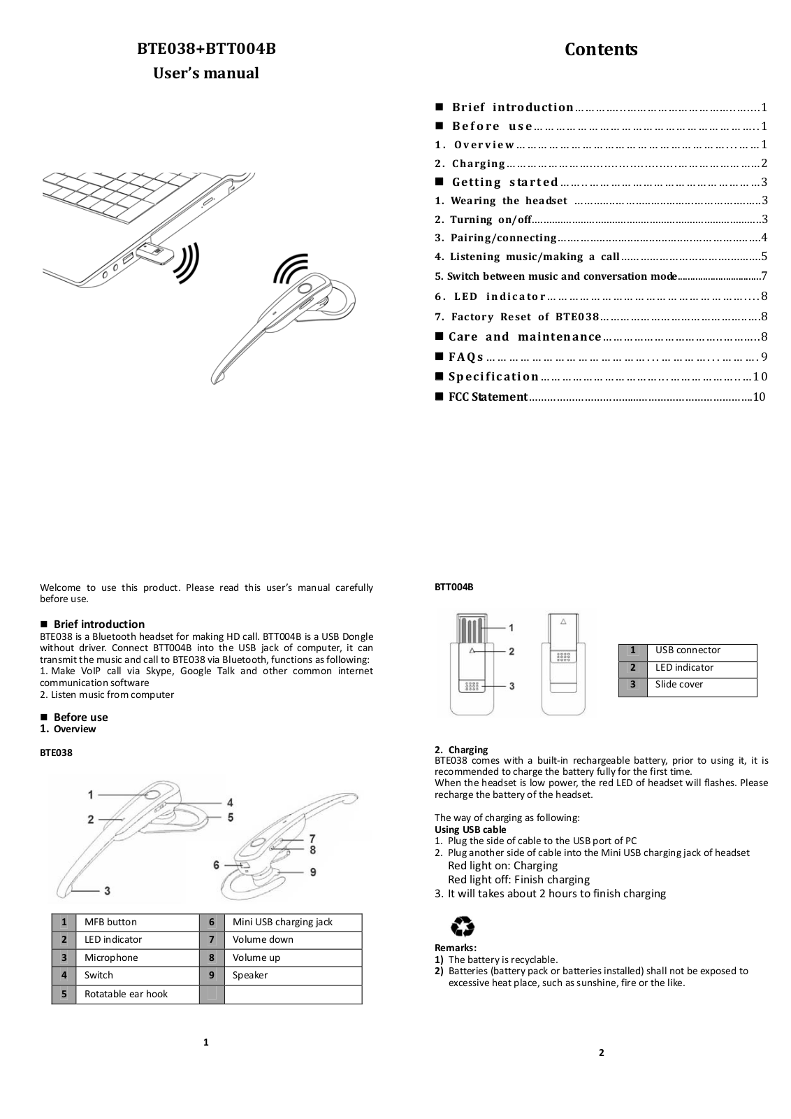 Zhongshan K mate General Electronics BTT004B Users Manual