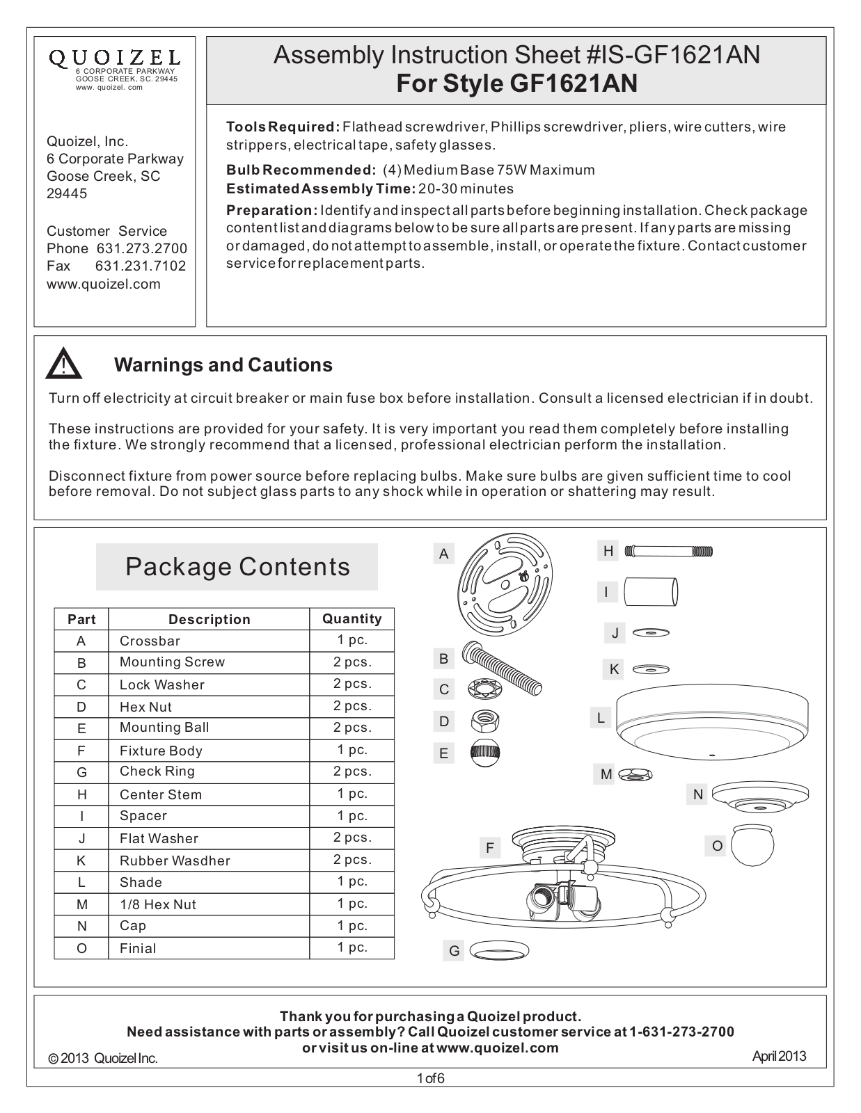 Quoizel GF1621AN User Manual