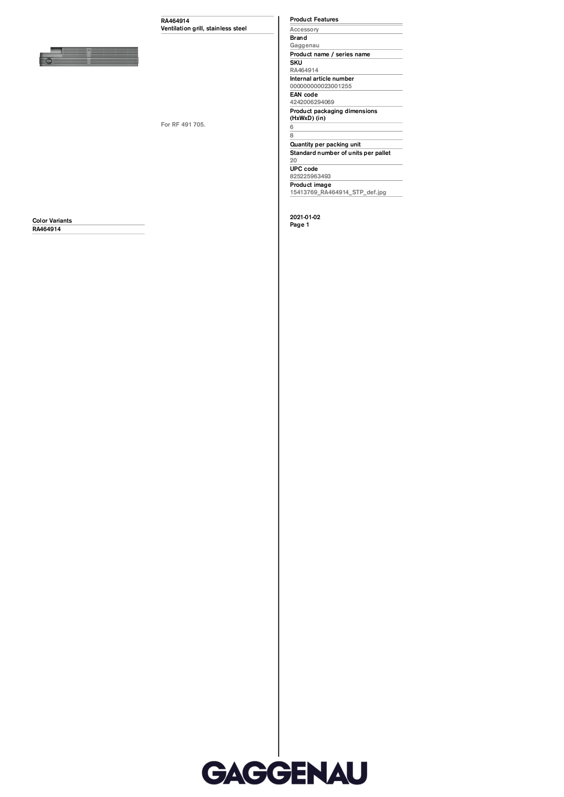 Gaggenau RA464914 PRODUCT SPECIFICATIONS