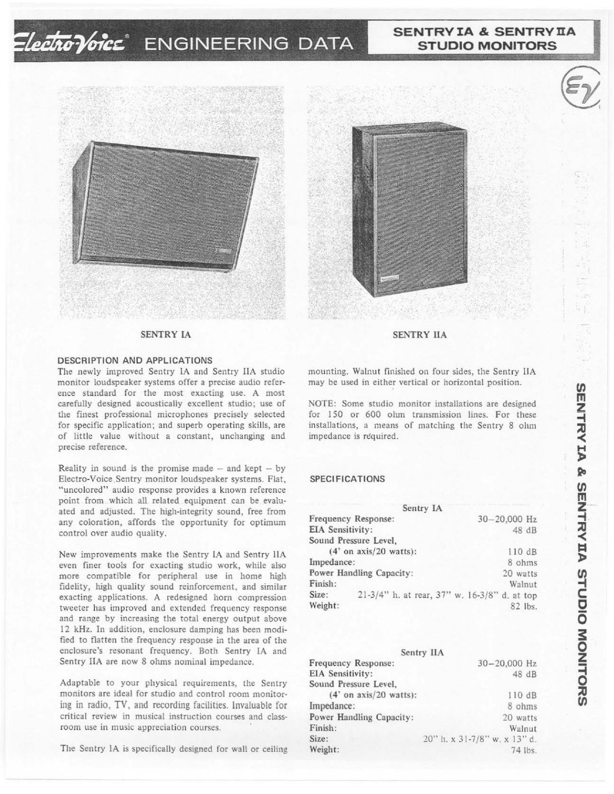 Electro-voice SENTRY IA, SENTRY IIA DATASHEET