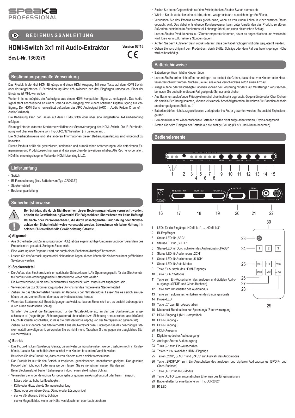 SpeaKa Professional 1360279 Instructions