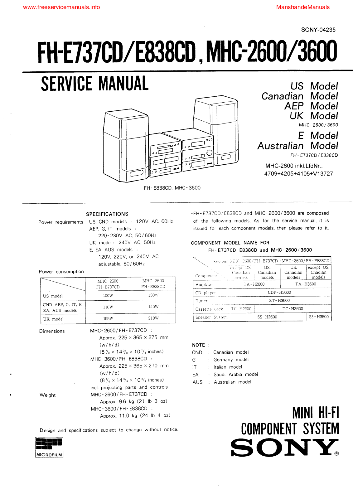 SONY FH-E838CD, FH-E737CD, MHC-2600, MHC-3600 Service Manual