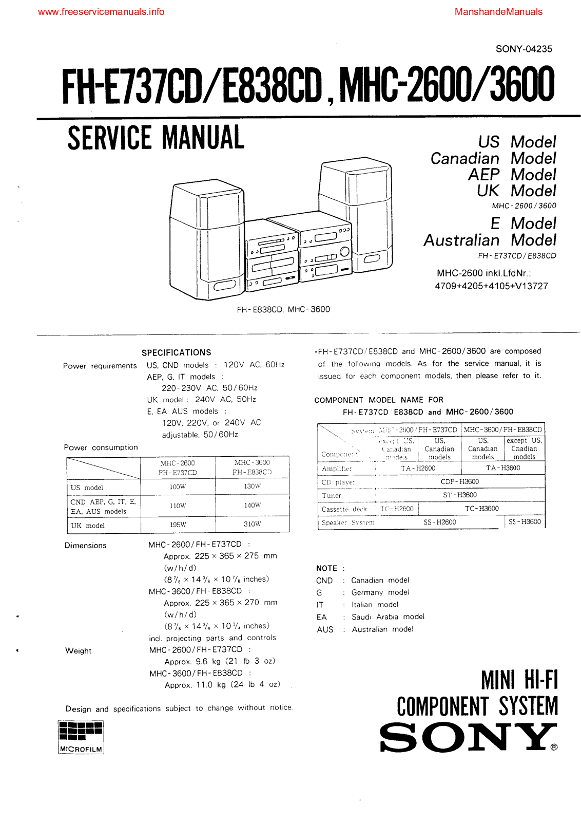 SONY FH-E838CD, MHC-2600, MHC-3600 Service Manual