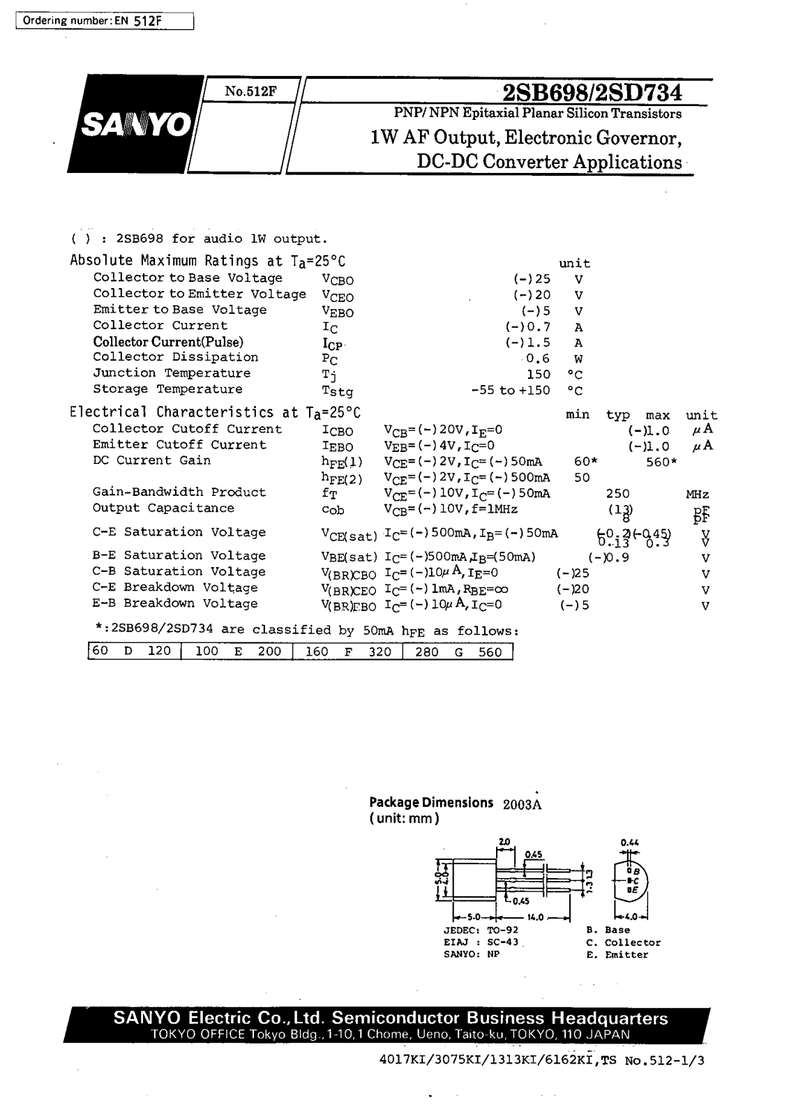 SANYO 2SB698, 2SD734 Datasheet