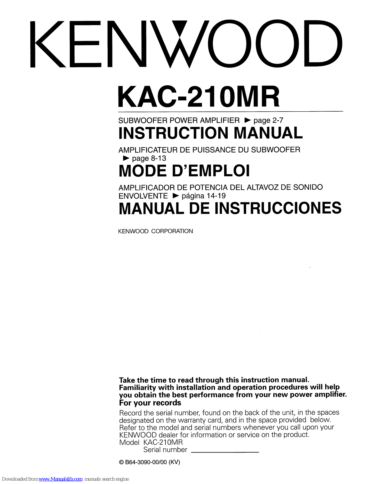 Kenwood KAC-210MR, KFC-W254MRW, KFC-W250MRW Instruction Manual