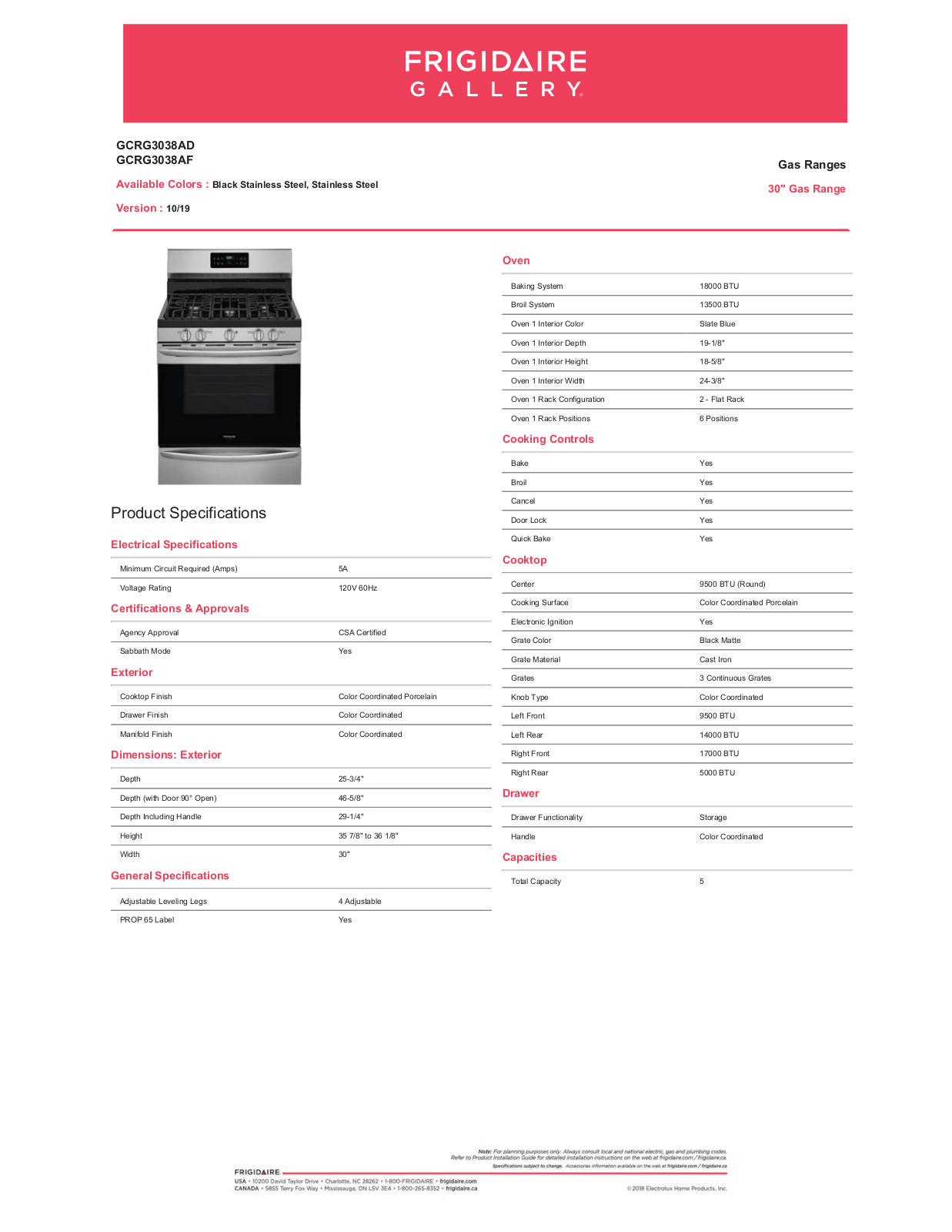 Frigidaire GCRG3038AD Specifications