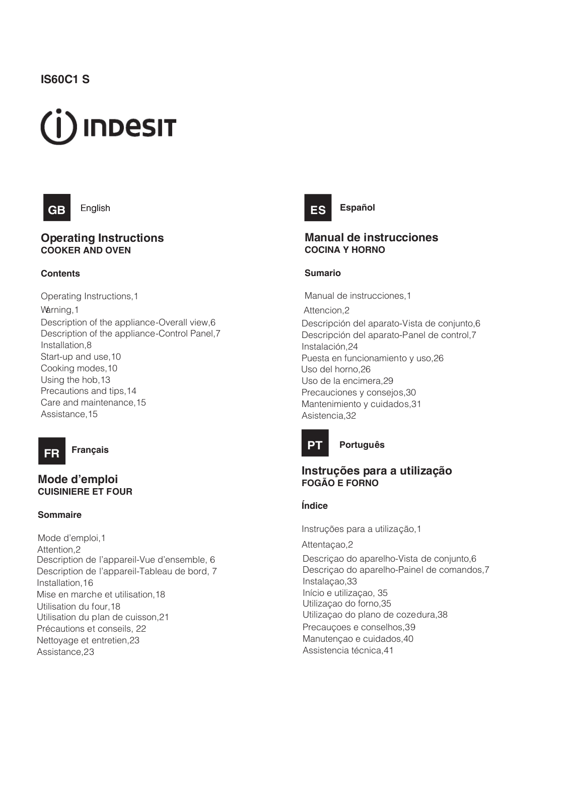 Indesit IS60C1 S User Manual