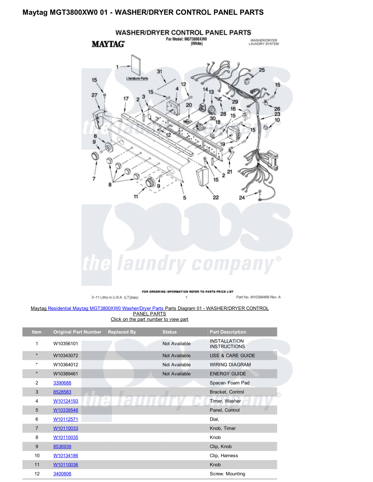 Maytag MGT3800XW0/Dryer Parts Diagram