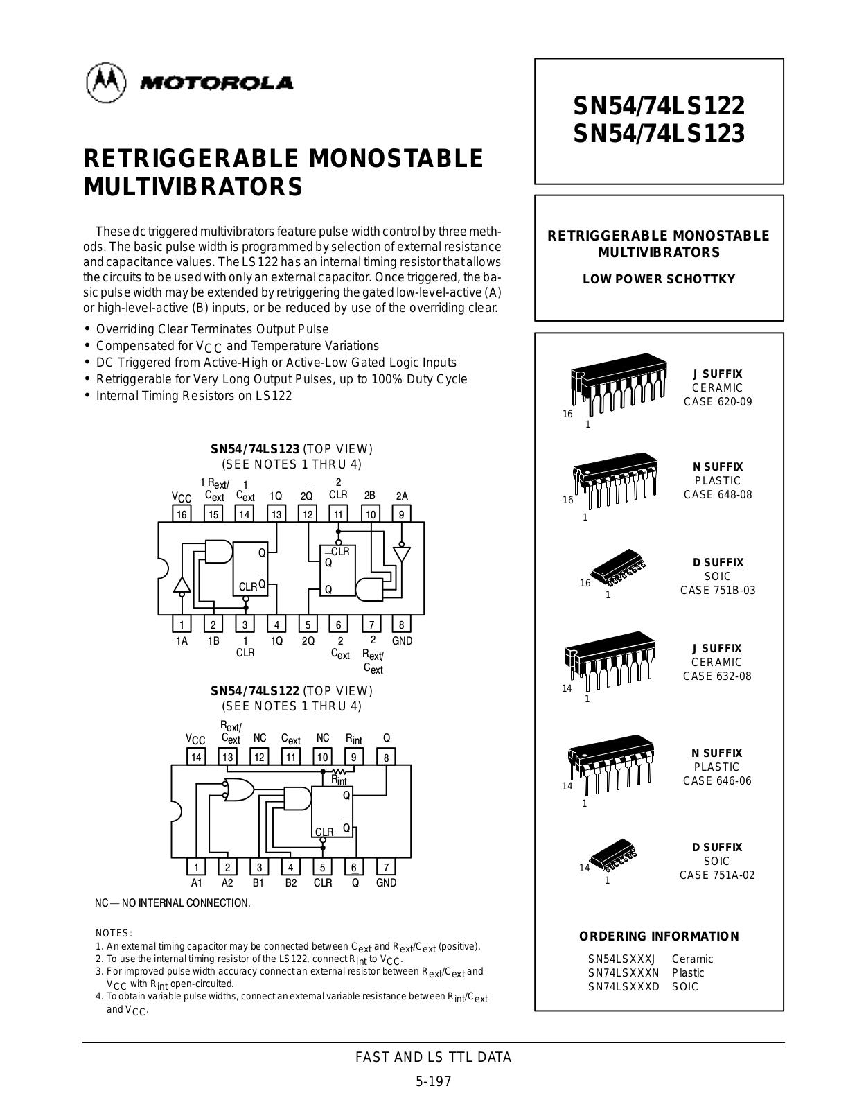 Motorola SN54LS122J, SN54LS123J, SN74LS123N, SN74LS123D, SN74LS122D Datasheet