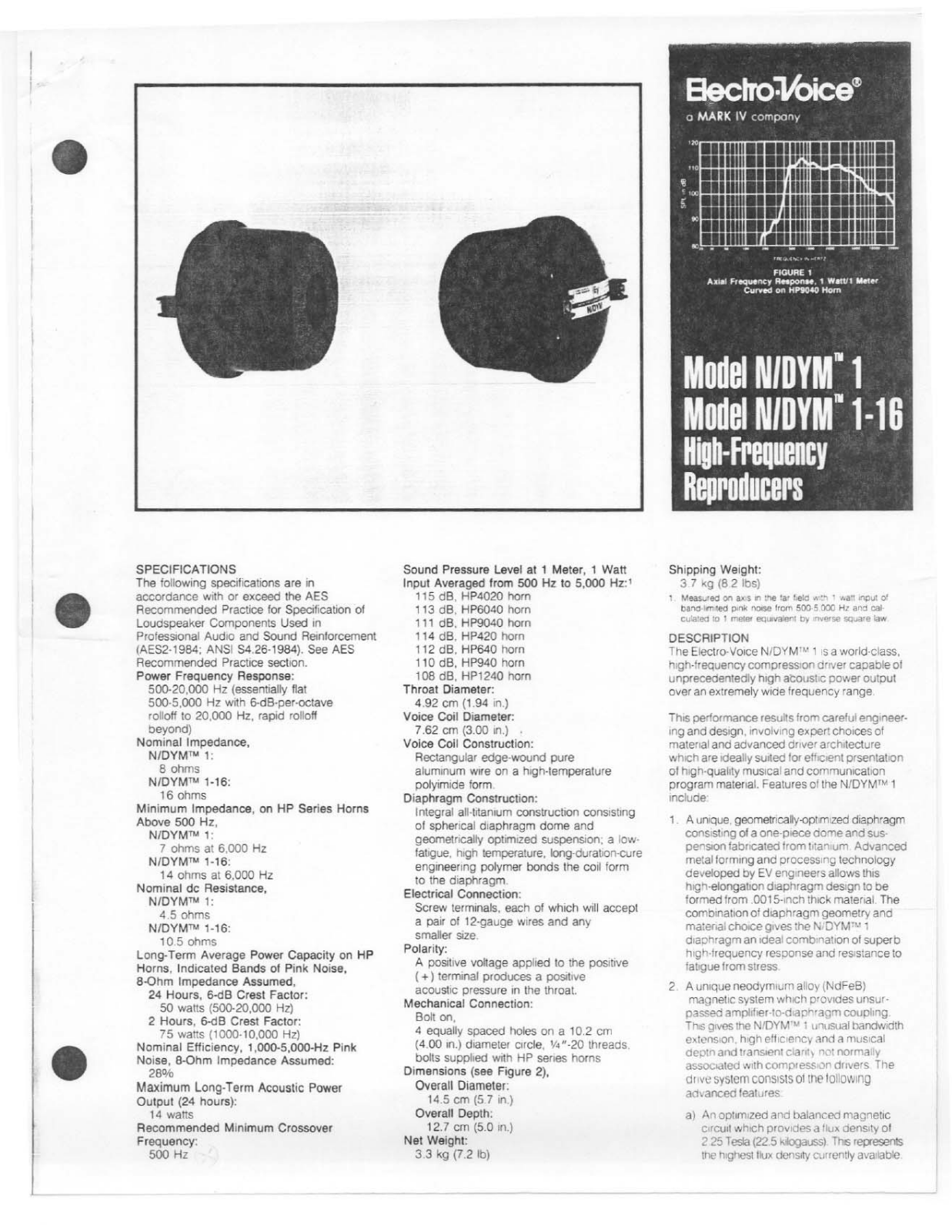 Electro-voice N-DYM 1, N-DYM 1-16 DATASHEET