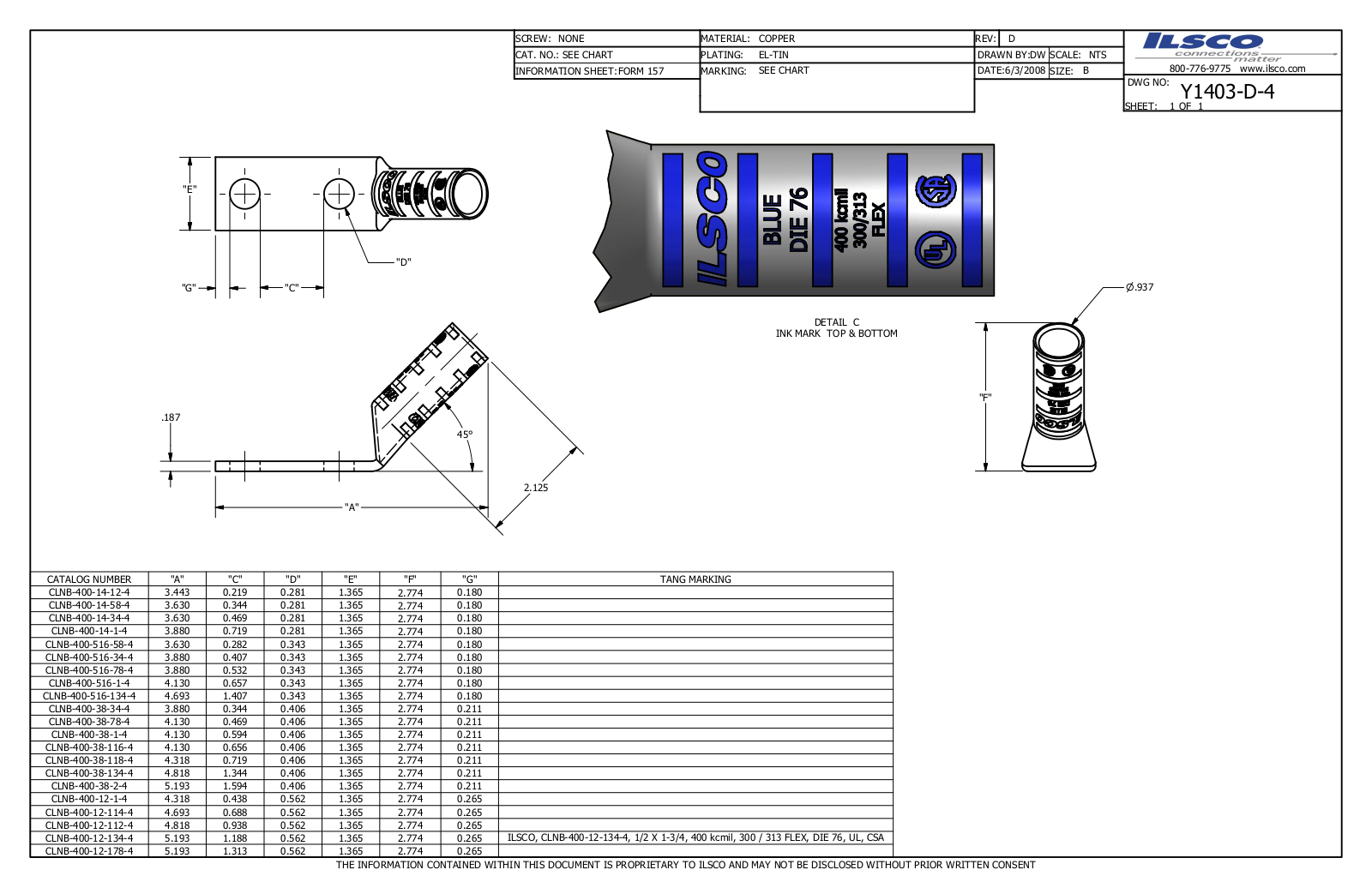 Ilsco CLNB-400-12-134-4 Data sheet