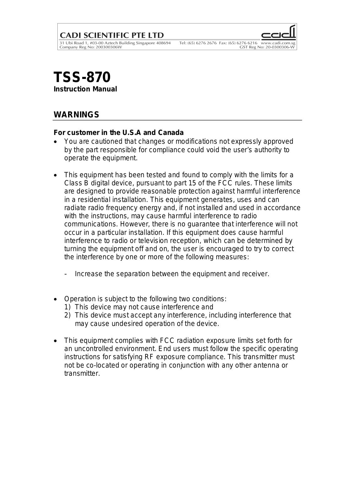 Cadi Scientific TSS870 User Manual