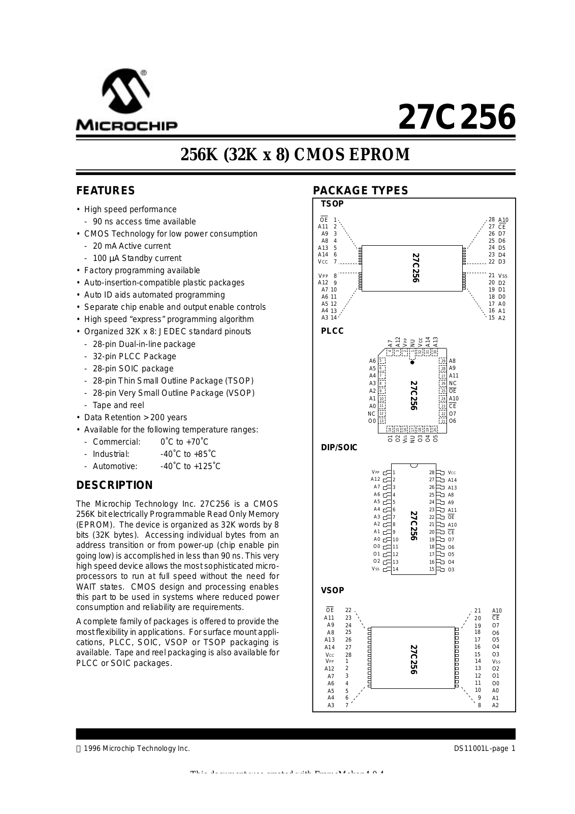 Microchip Technology Inc 27C256-90I-VS, 27C256-15I-VS, 27C256-15I-TS, 27C256-15I-SO, 27C256-15I-P Datasheet