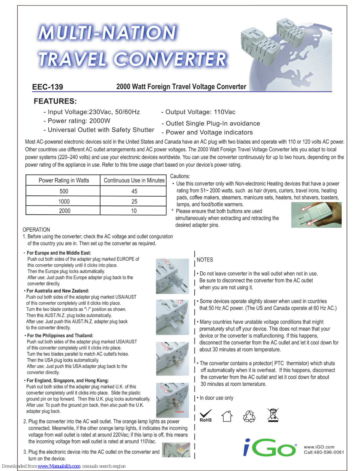 Igo EEC-139, Multi-Nation Travel Converter User Manual