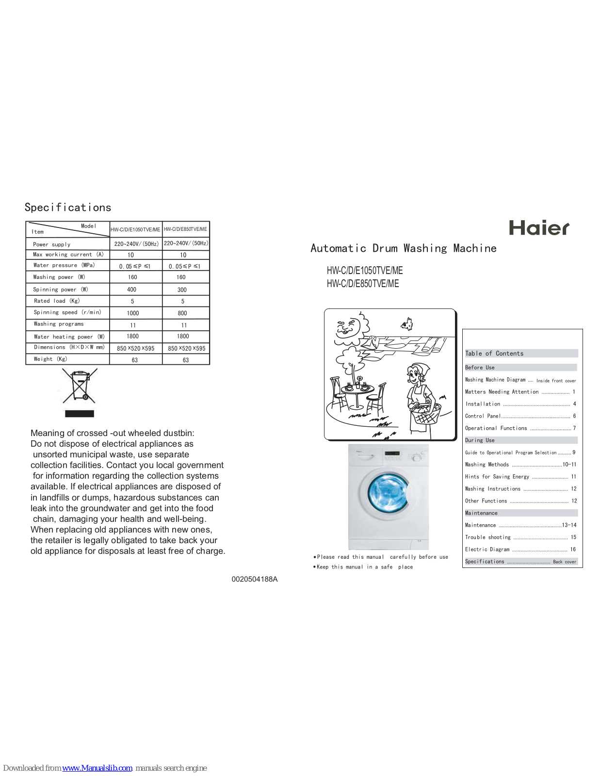 Haier HW-D1050TVE, HW-C850TVE, HW-D850TVE, HW-E1050TVE, HW-E850TVE User Manual