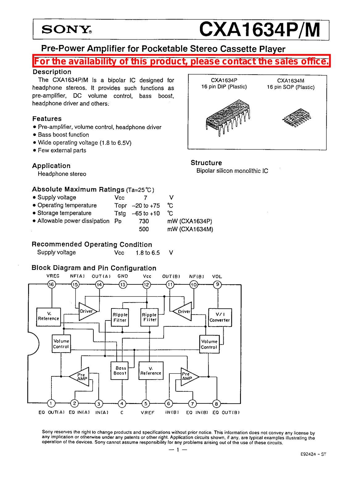 Sony CXA1634P, CXA1634M Datasheet