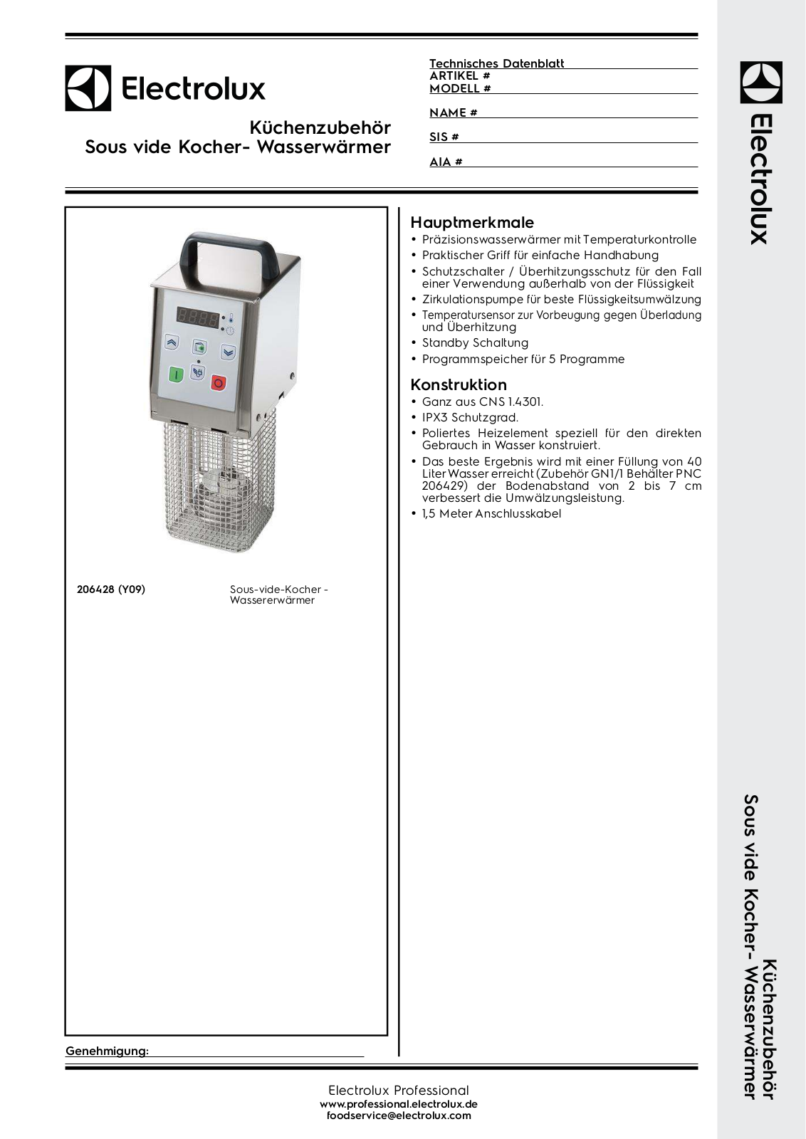 Electrolux Y09 Datasheet