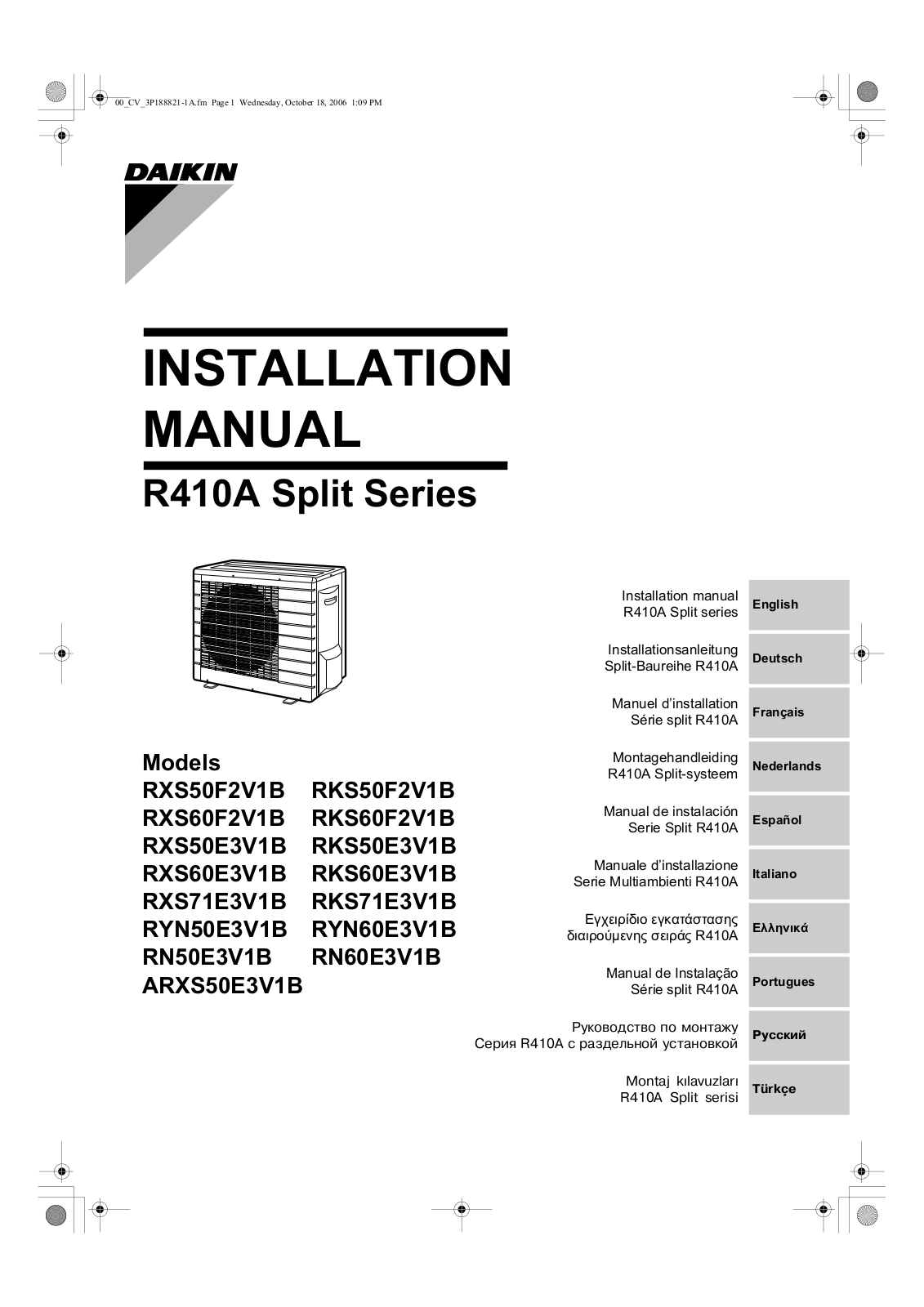 Daikin RXS50F2V1B, RKS50F2V1B, RXS50E3V1B, RKS50E3V1B, RXS60E3V1B Installation manuals