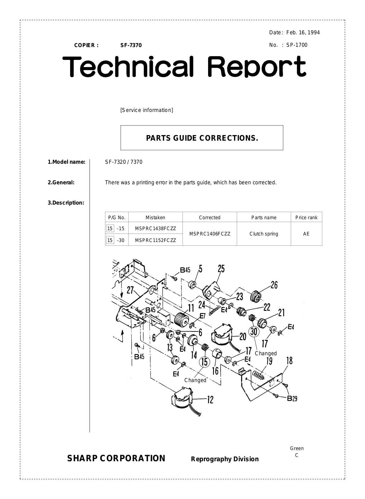 SHARP SP1700 Technical Report