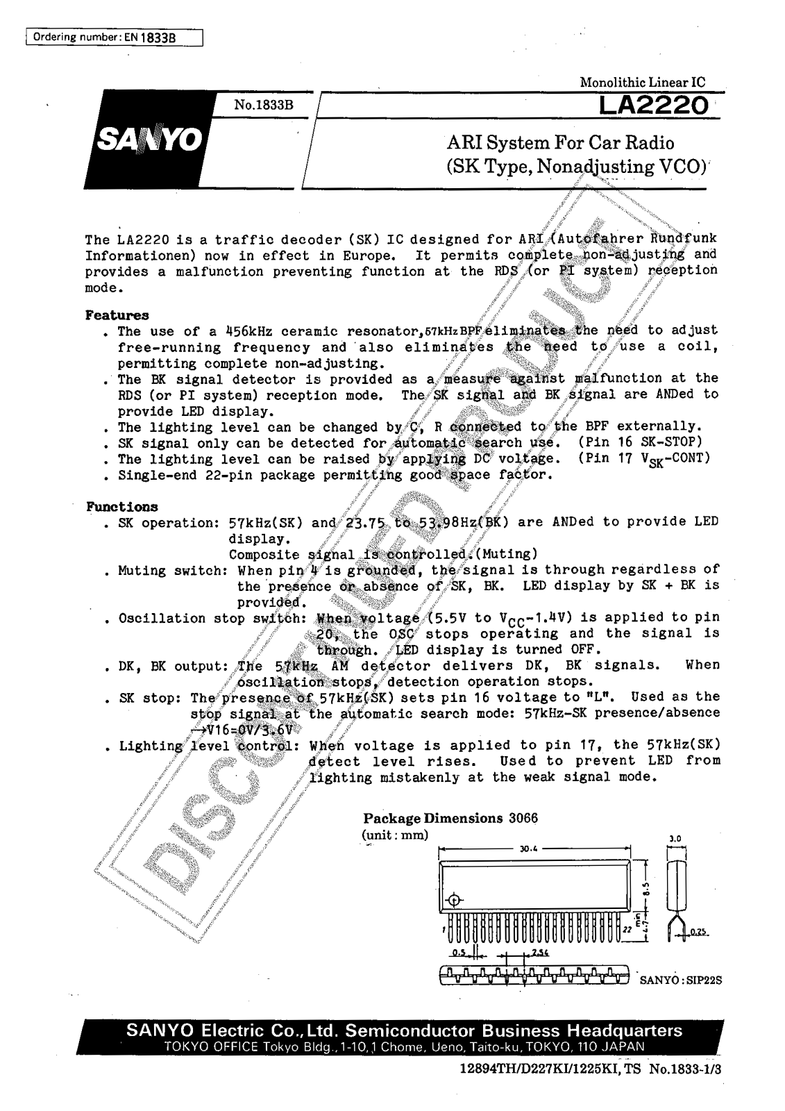 Sanyo LA2220 Specifications