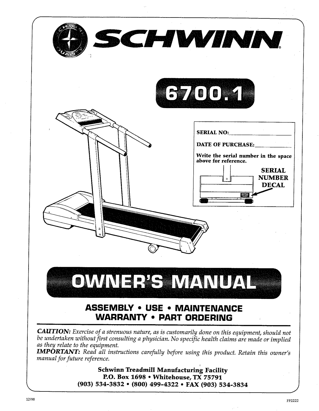 Schwinn 6700.1 User Manual