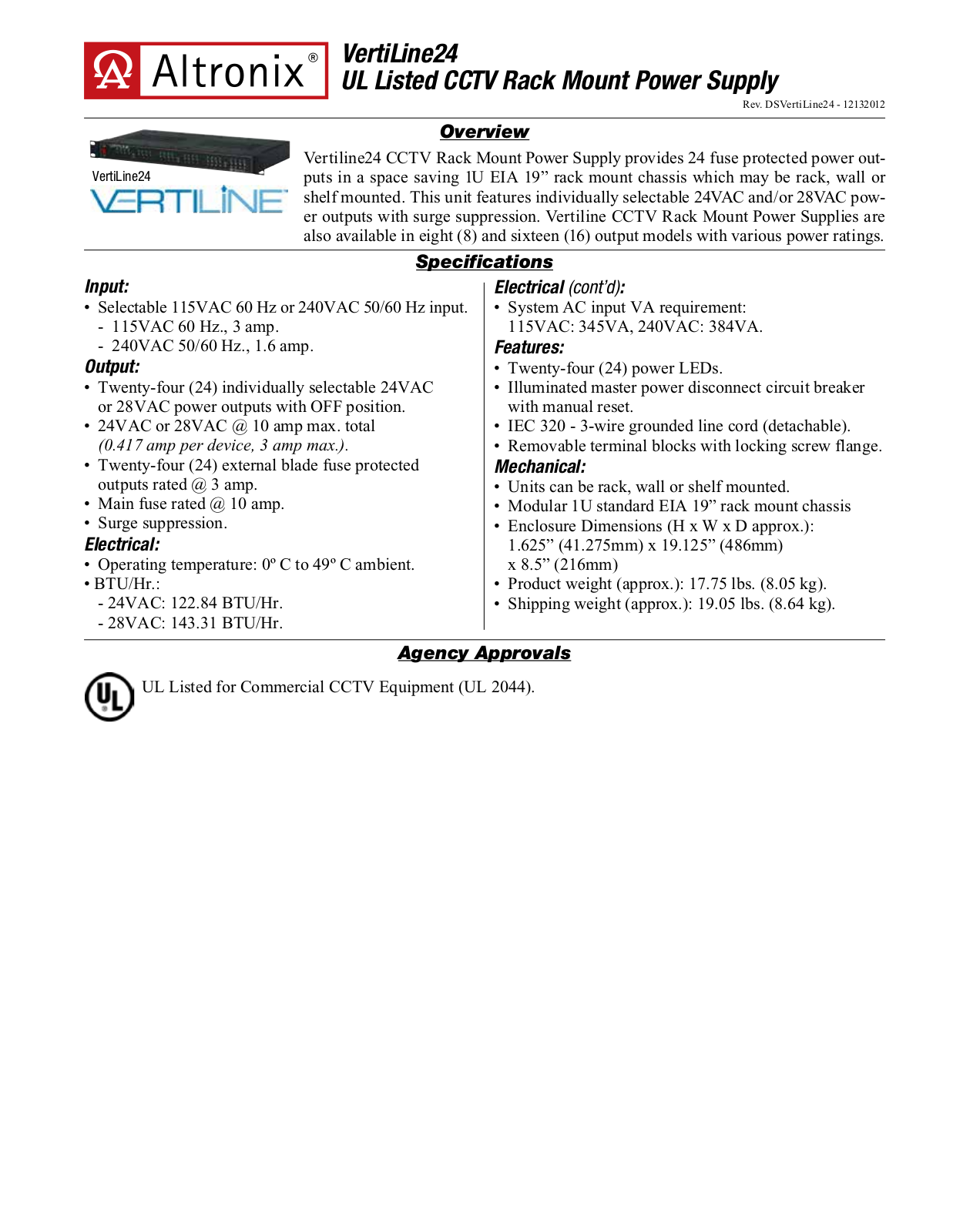 Altronix VertiLine24 Data Sheet