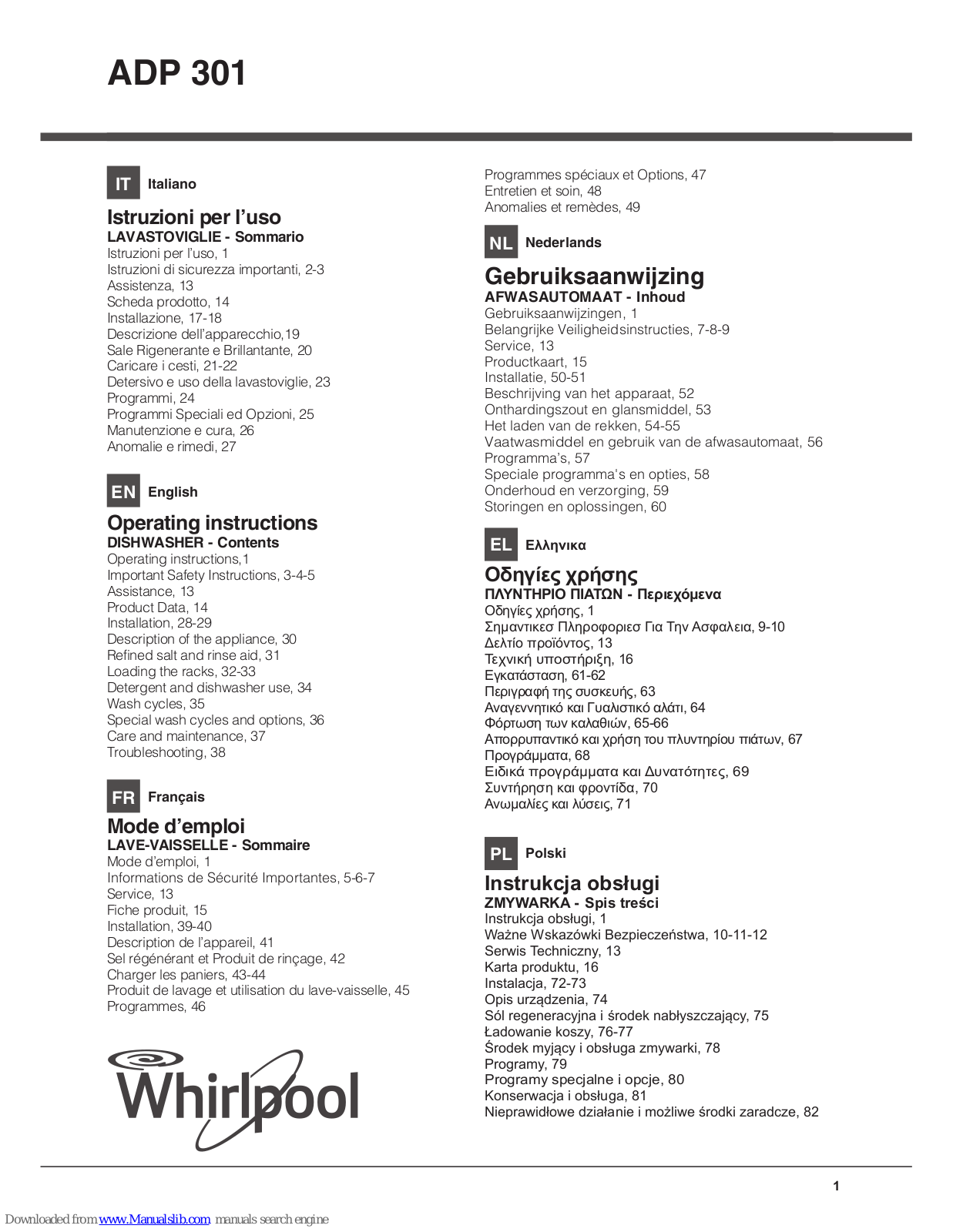 Whirlpool ADP 301 Operating Instructions Manual