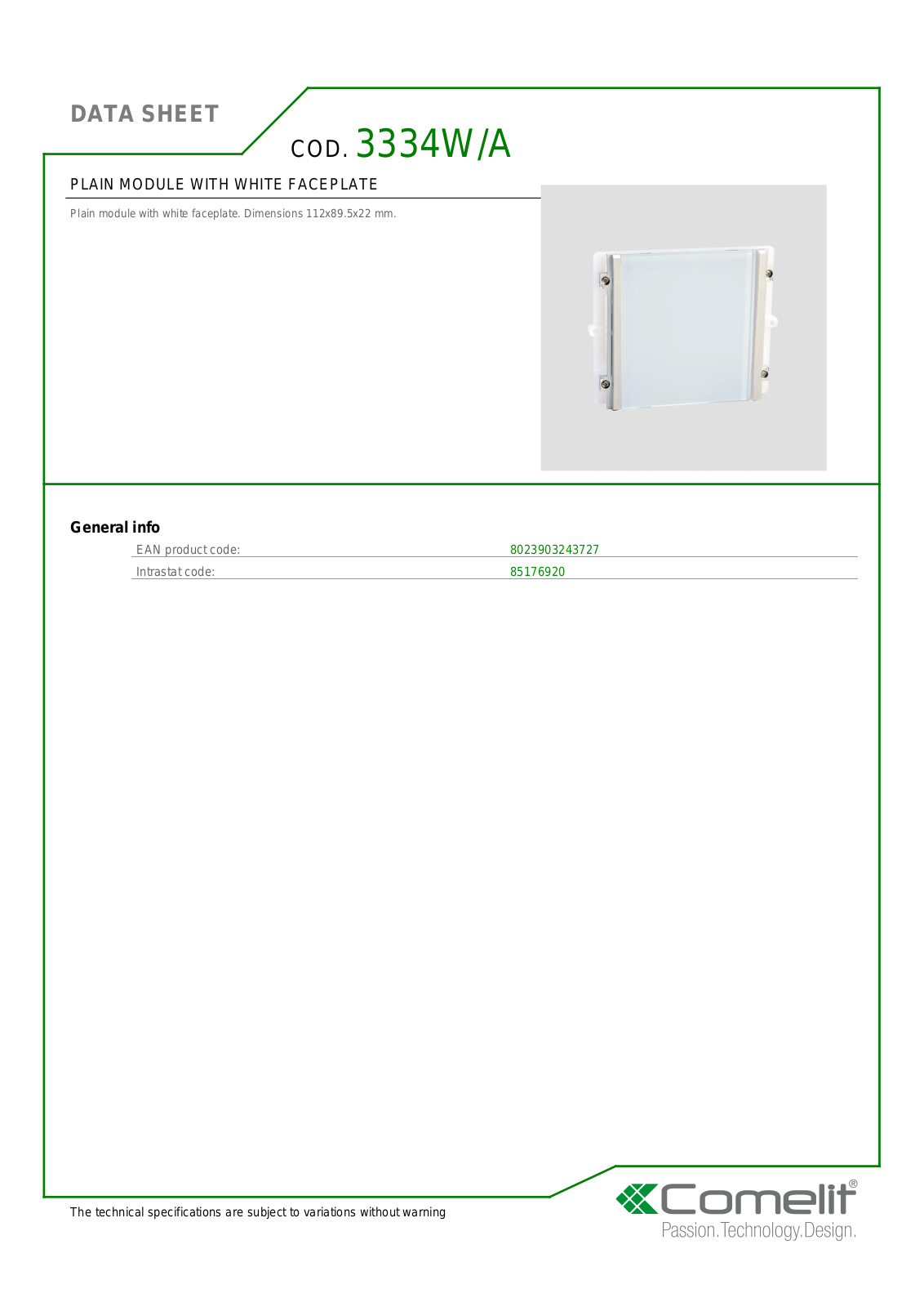 Comelit 3334W-A Specsheet