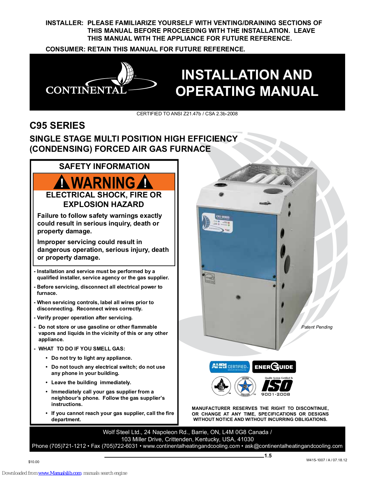 Continental Refrigerator C95 SERIES Installation And Operating Manual