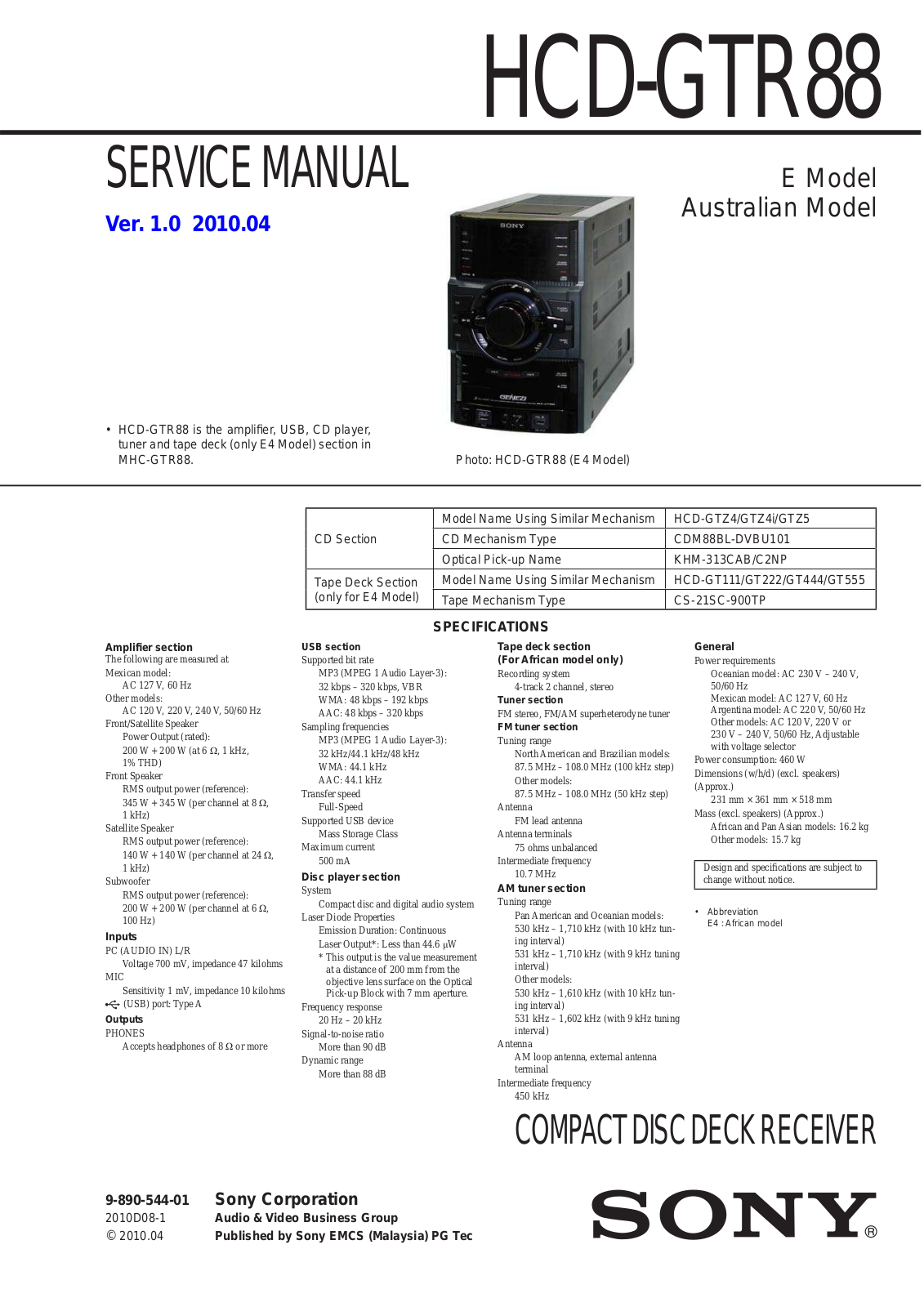 Sony HCD-GTR88 Service Manual