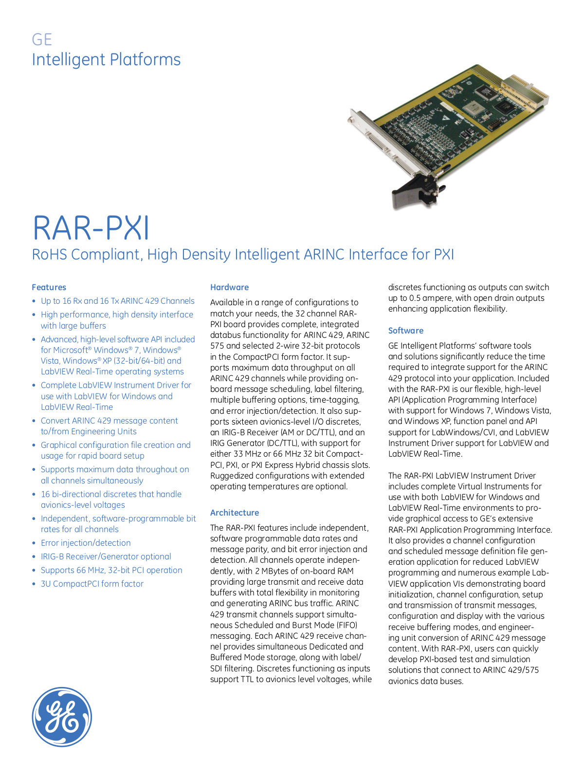 GE RAR-PXI ARINC Interface Data Sheet