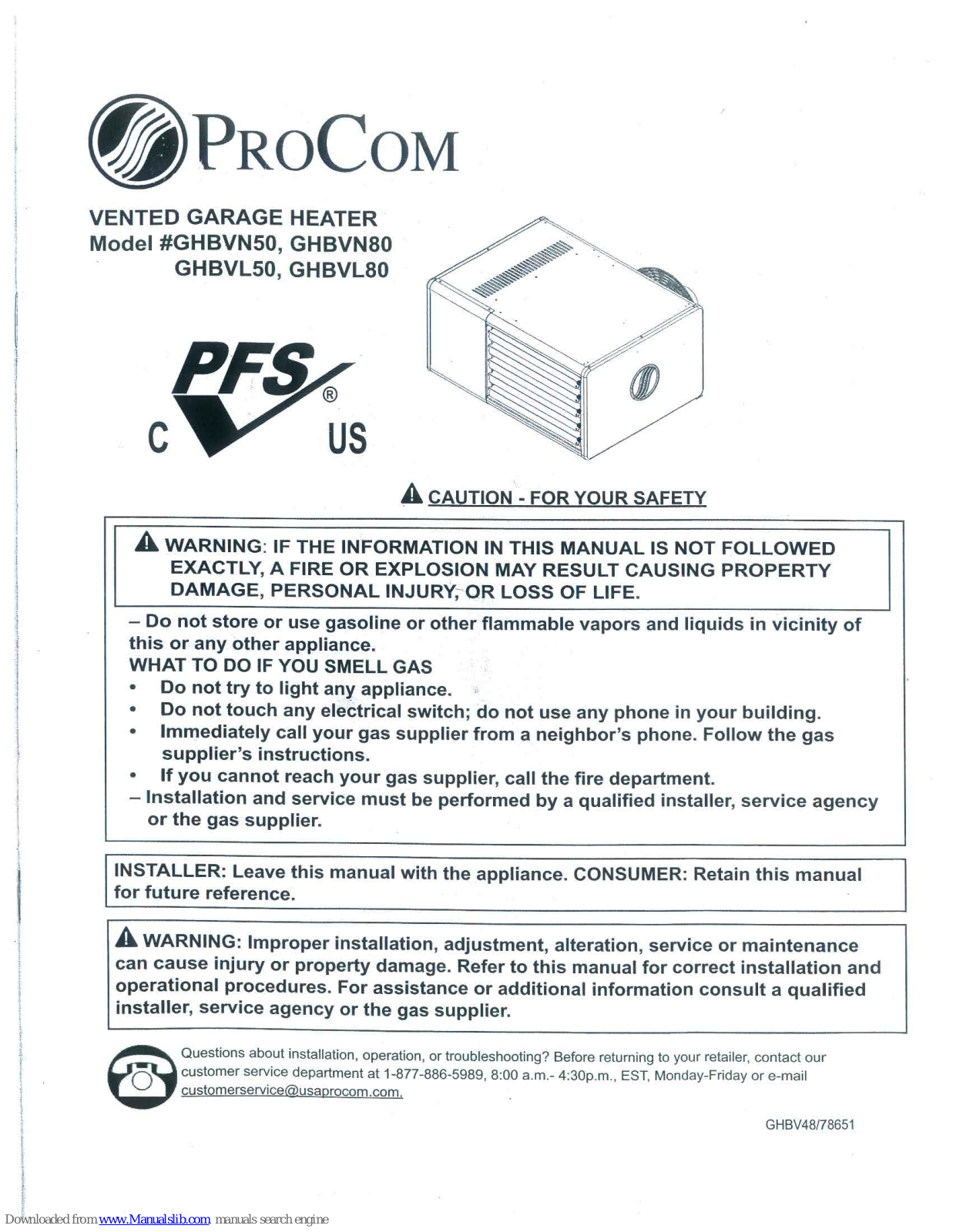 Procom GHBVN50, GHBVL50, GHBVN80, GHBVL80 Instruction Manual