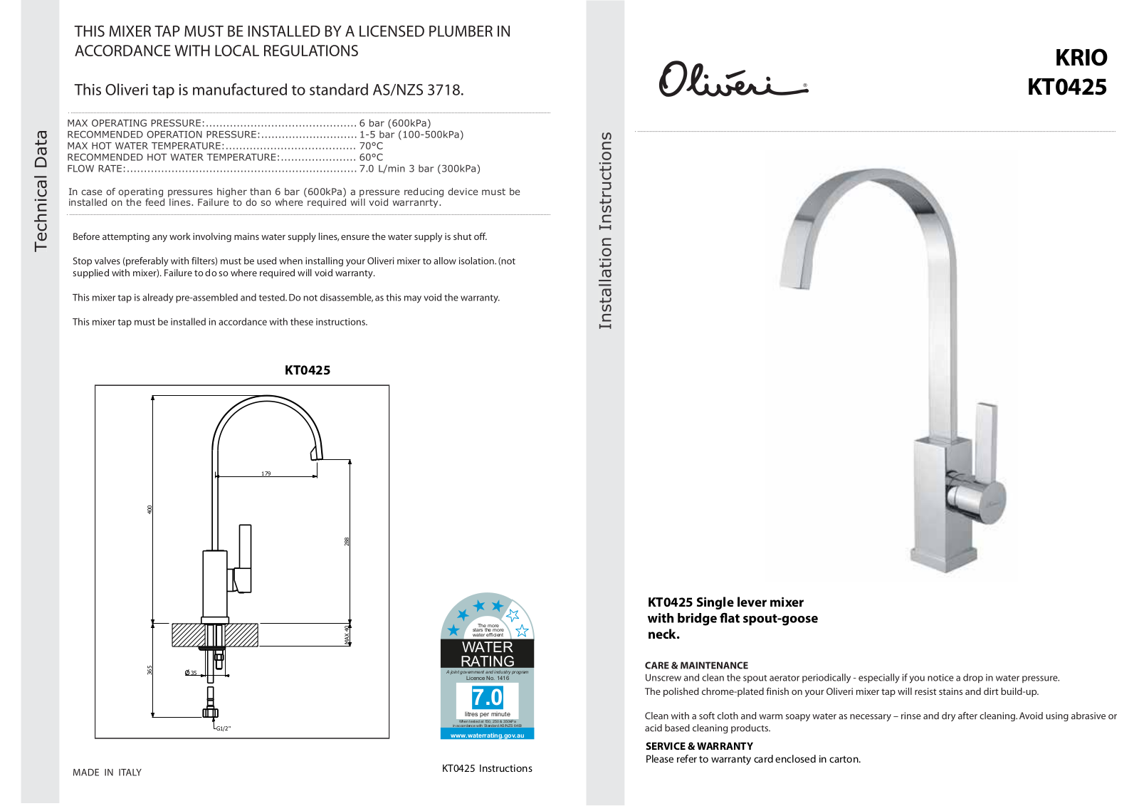 Oliveri KT0425B, KT0425C Installation Guide