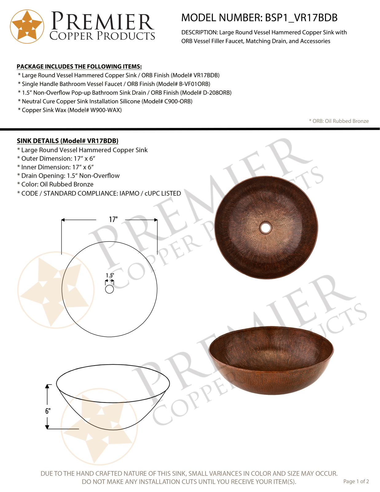 Premier Copper Products IER1482 Specifications - ManualMachine.com
